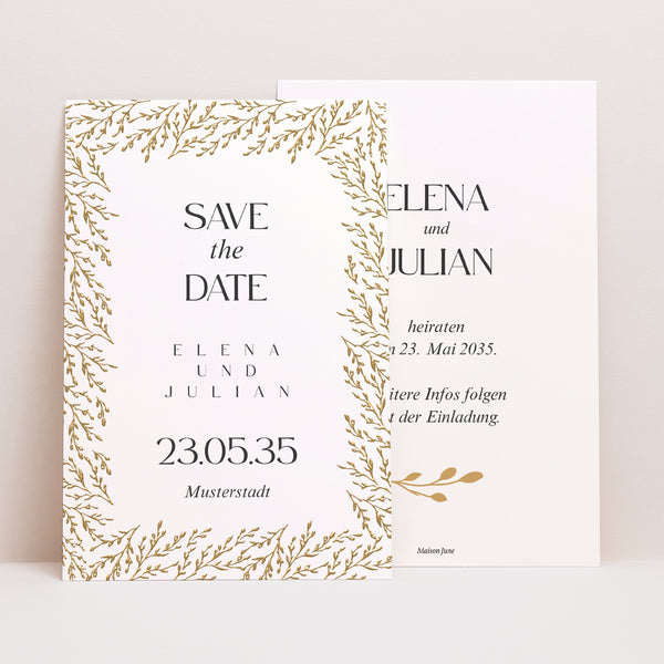 Save the date Karte Hochzeit PortraitPorträt Goldene Zweige foto