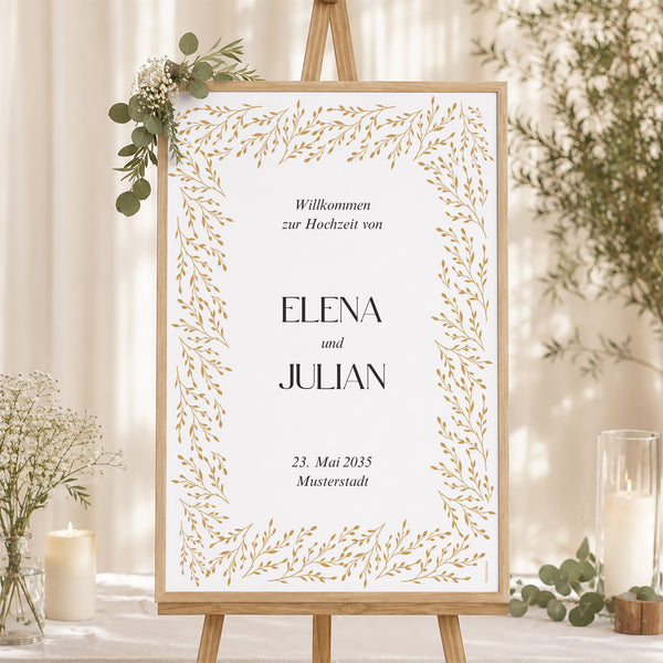 Begrüßungstafel Hochzeit Porträt 60 x 90 cm Goldene Zweige foto