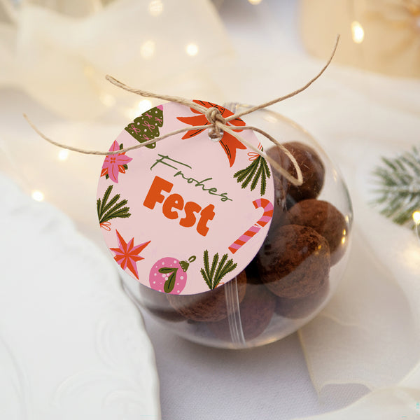 Geschenkbox Weihnachten Kugel mit runder Etikette Frohes Pop foto