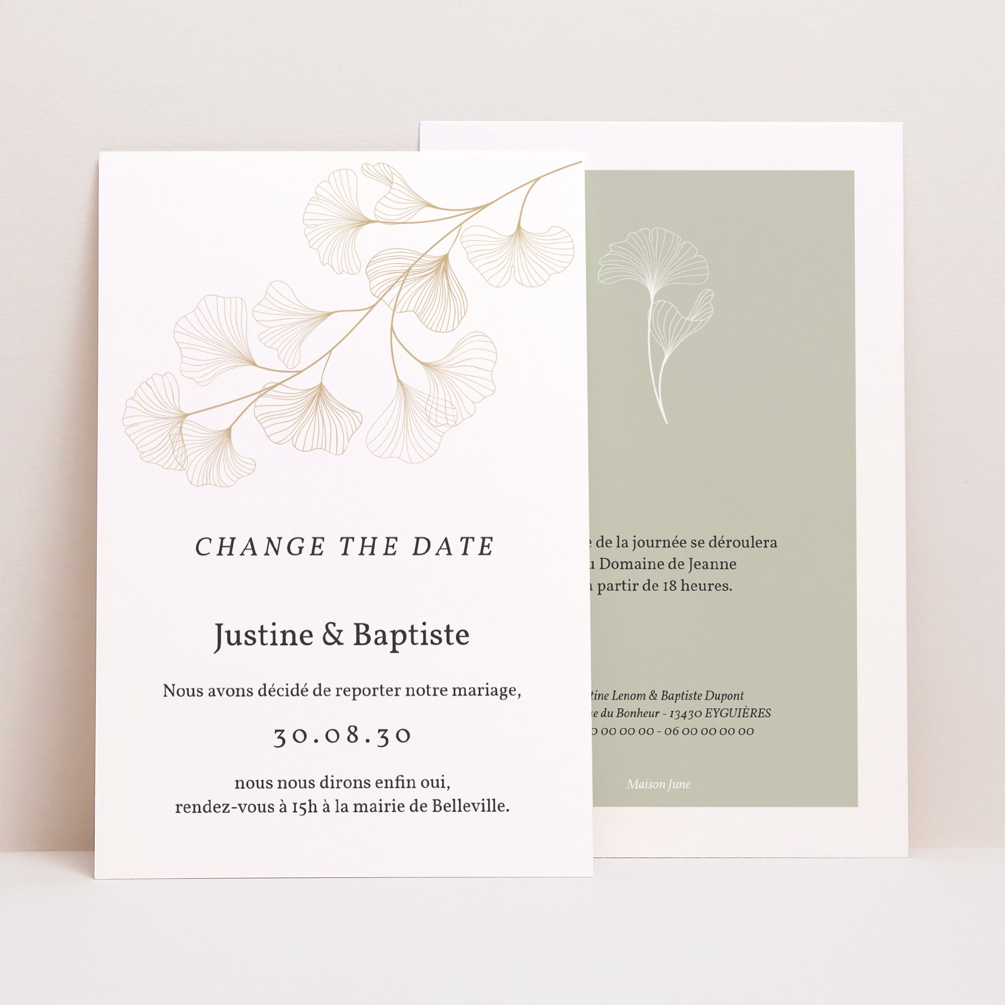 Karte Hochzeit Porträt Ginkgo Biloba, Goldene Blätter Maison June